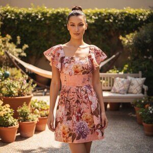 Socialite Floral Ruffle Party Minidress Women’s M Pink Square Neck Tencel Linen